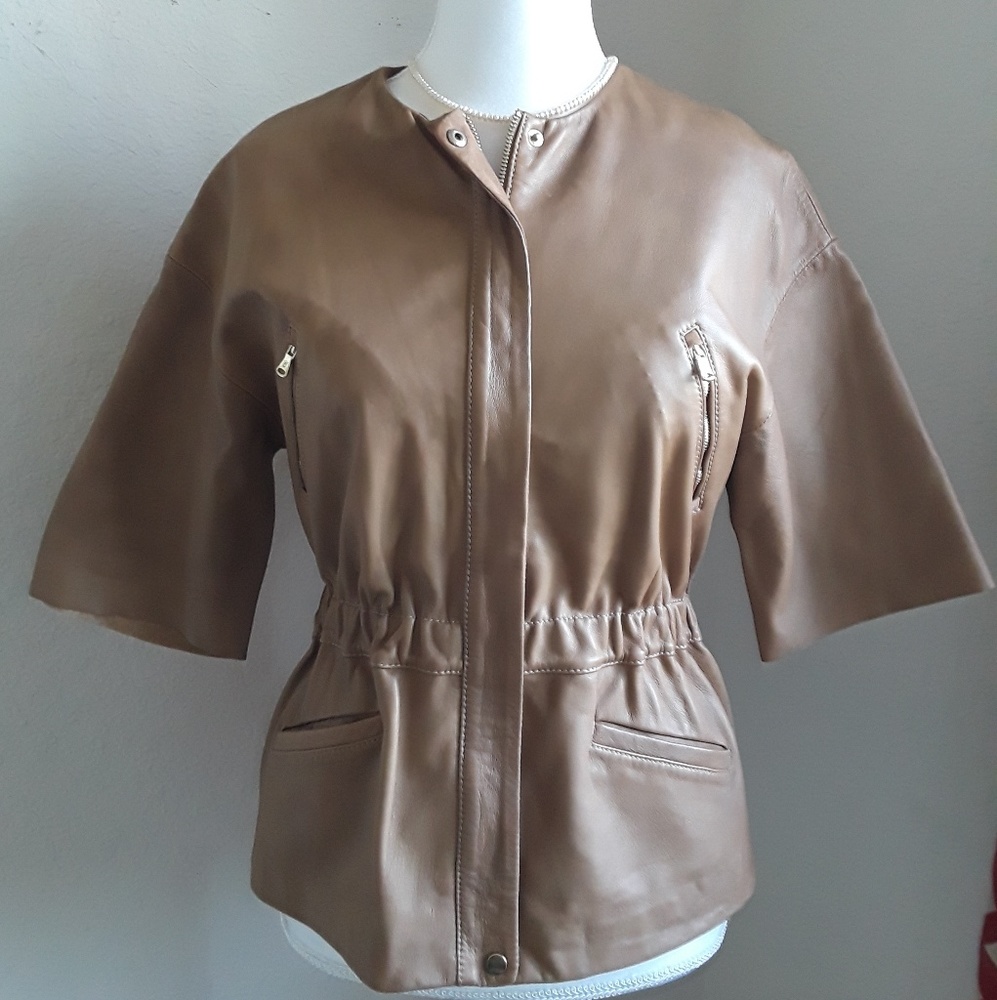 Massimo Dutti collarless leather jacket